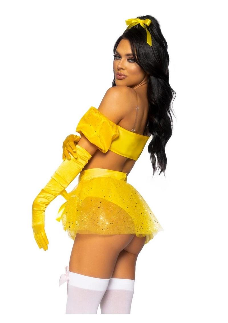 Leg Avenue Fairytale Beauty Glitter Shimmer Bra Top with Gathered Rosette Center and Puff Sleeves, High Waist Panty with Ribbon Pick-Up Skirt, Removable Clear Straps, and Matching Hair Ribbon - Yellow - Small - 4 Piece