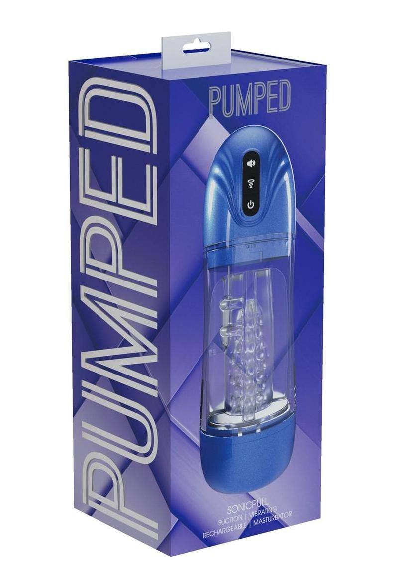 Pumped Sonicpull 10 Function Suction Vibration Multimedia Enhanced Rechargeable Masturbator - Metallic - Blue