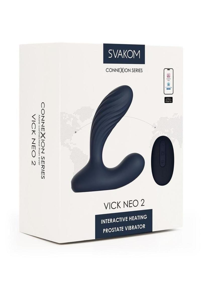 Svakom Vick Neo 2 App Compatible Rechargeable Silicone Warming Dual Stimulating Prostate Vibrator with Remote Control - Blue/Gold/Navy Blue