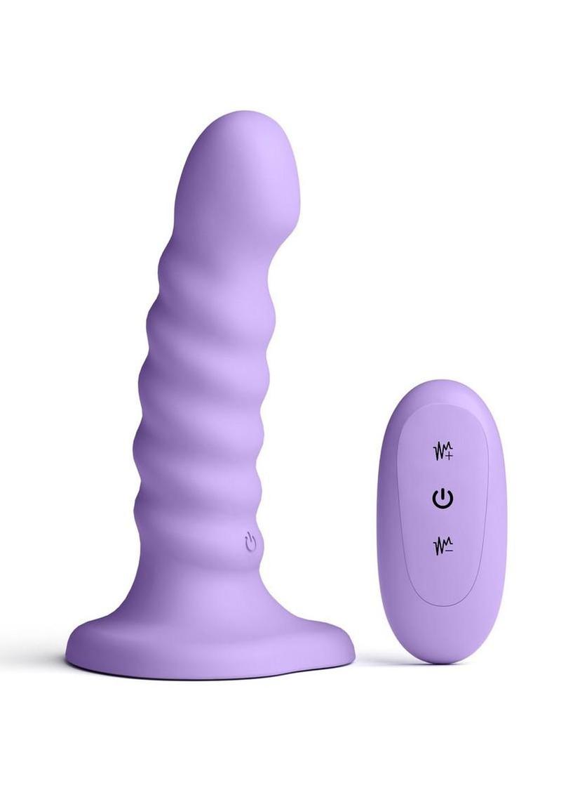 Colours Ribbed Rechargeable Silicone Vibrating Dildo with Remote Control - Purple - 5in