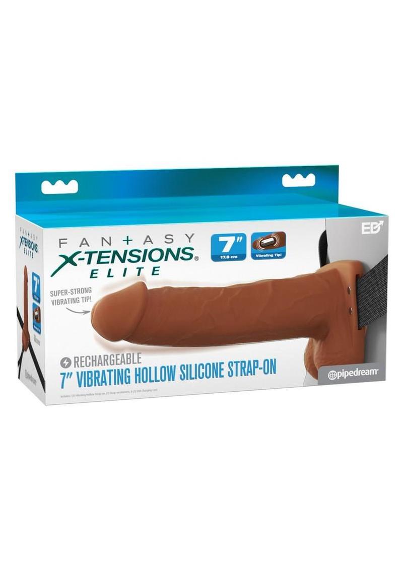 Fantasy X-Tensions Elite Vibrating Rechargeable Silicone Dual Density Hollow Strap-On - Caramel - 7in