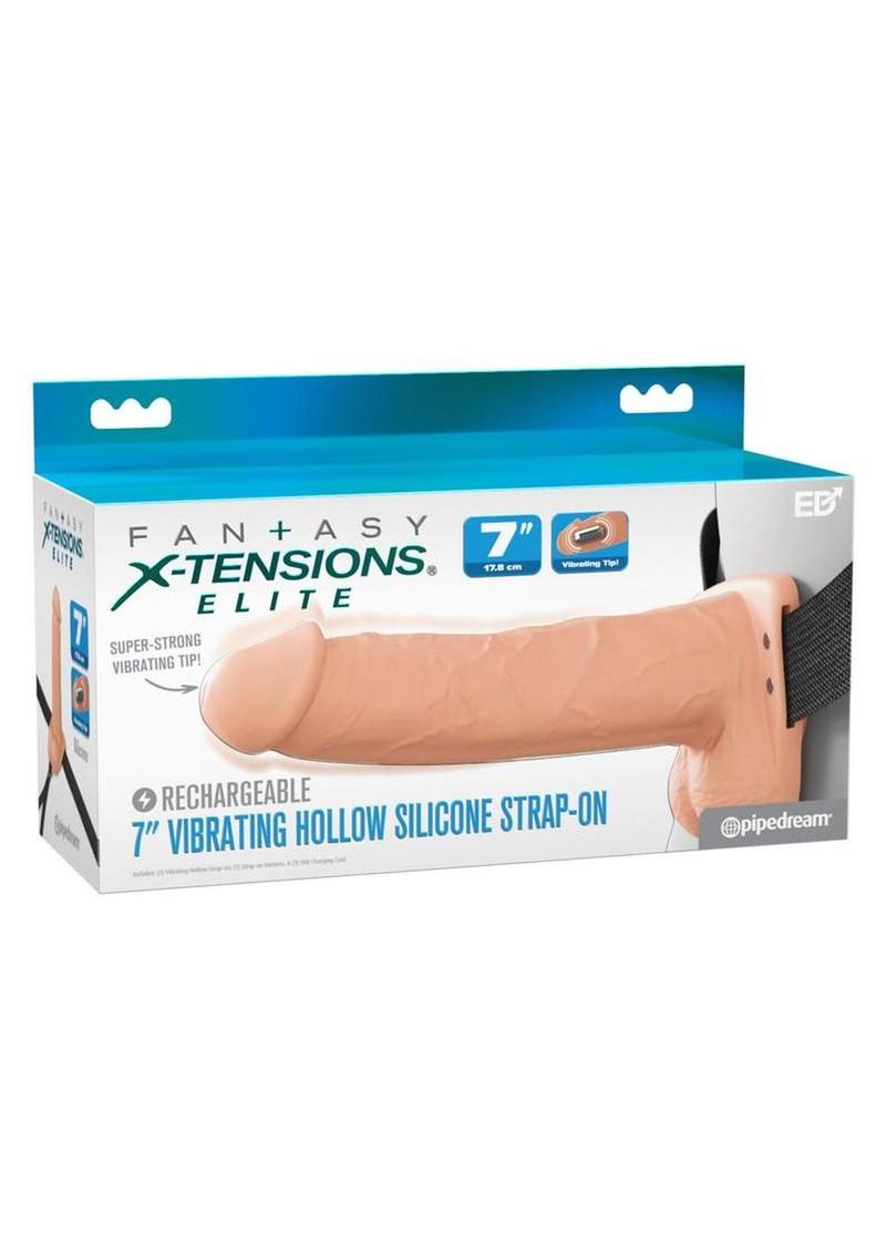 Fantasy X-Tensions Elite Vibrating Rechargeable Silicone Dual Density Hollow Strap-On - Vanilla - 7in