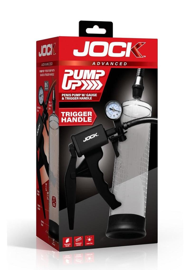 Jock Pump Up Penis Pump with Gauge and Trigger Handle - Black/Clear