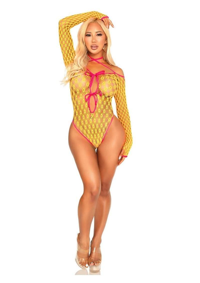 Leg Avenue Eyelet Net Teddy with Tie-Front Keyhole Detail