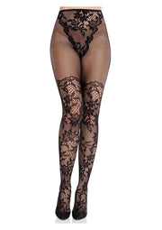 Leg Avenue French Cut Dahlia Lace Tights with Net Thigh Detail - Black - One Size