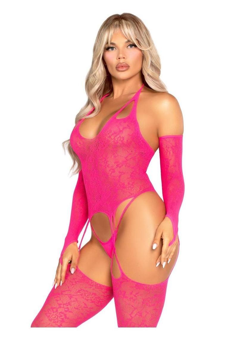 Leg Avenue Lace Halter Footless Cami Garter with Attached Toe Loop Stockings and Arm Warmers - Pink - One Size