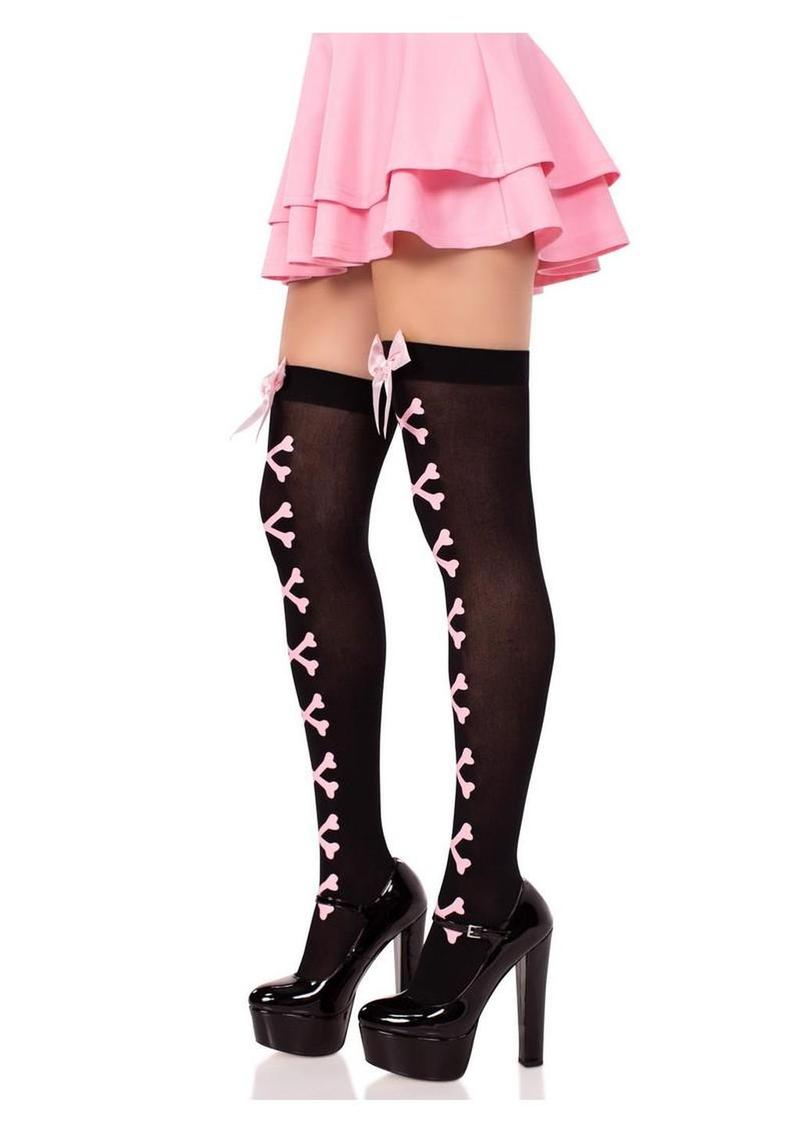 Leg Avenue Opaque Cross Bone Thigh Highs with Satin Bow Accent - Black/Light Pink - One Size