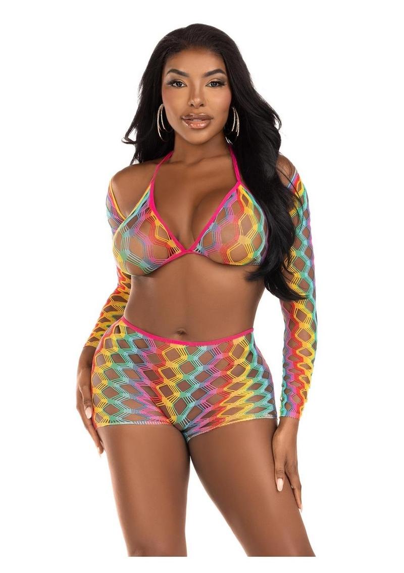 Leg Avenue Rainbow Hardcore Net Bra Top, Shrug, and Boy Shorts - Multicolor - One Size - 3 Piece