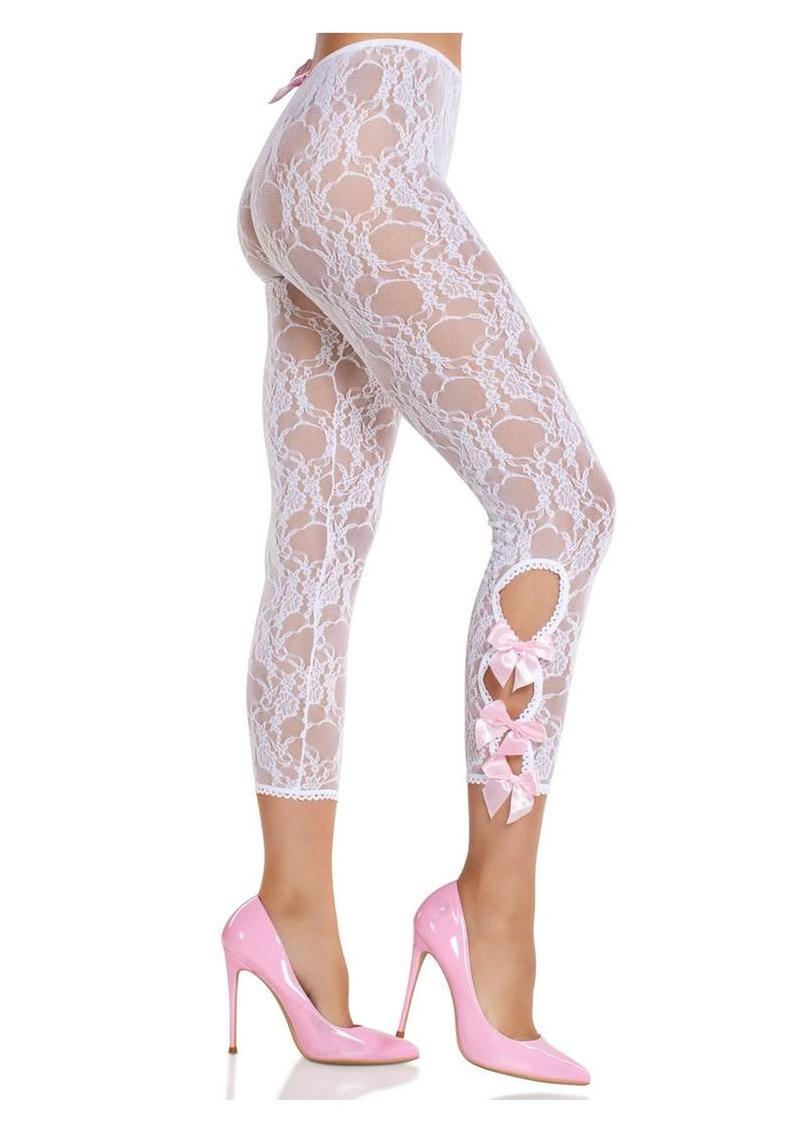 Leg Avenue Scalloped Trimmed Floral Lace Footless Capri Tights with Keyhole Bow Detail - White - One Size