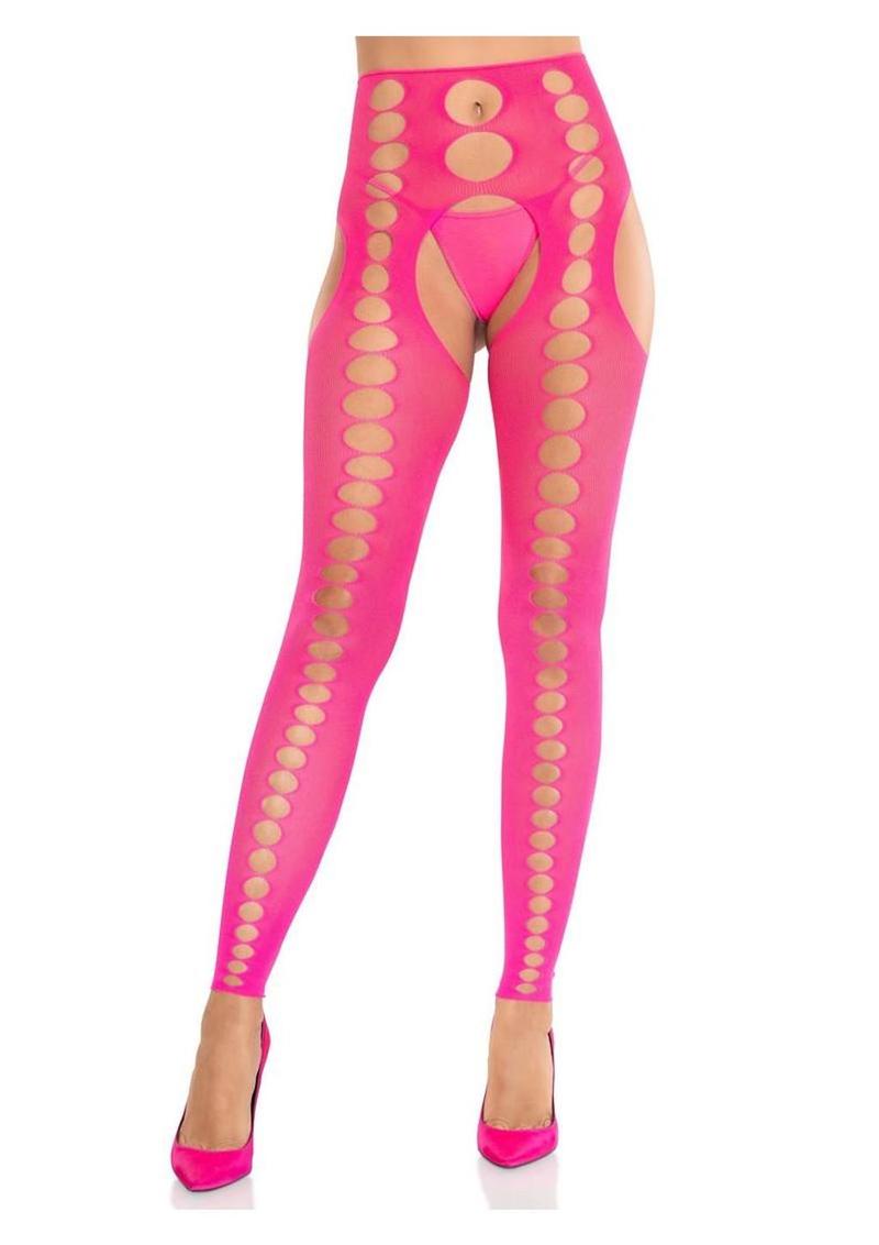 Leg Avenue Seamless Opaque Cut-Out Footless Suspender Hose - Neon Pink - One Size