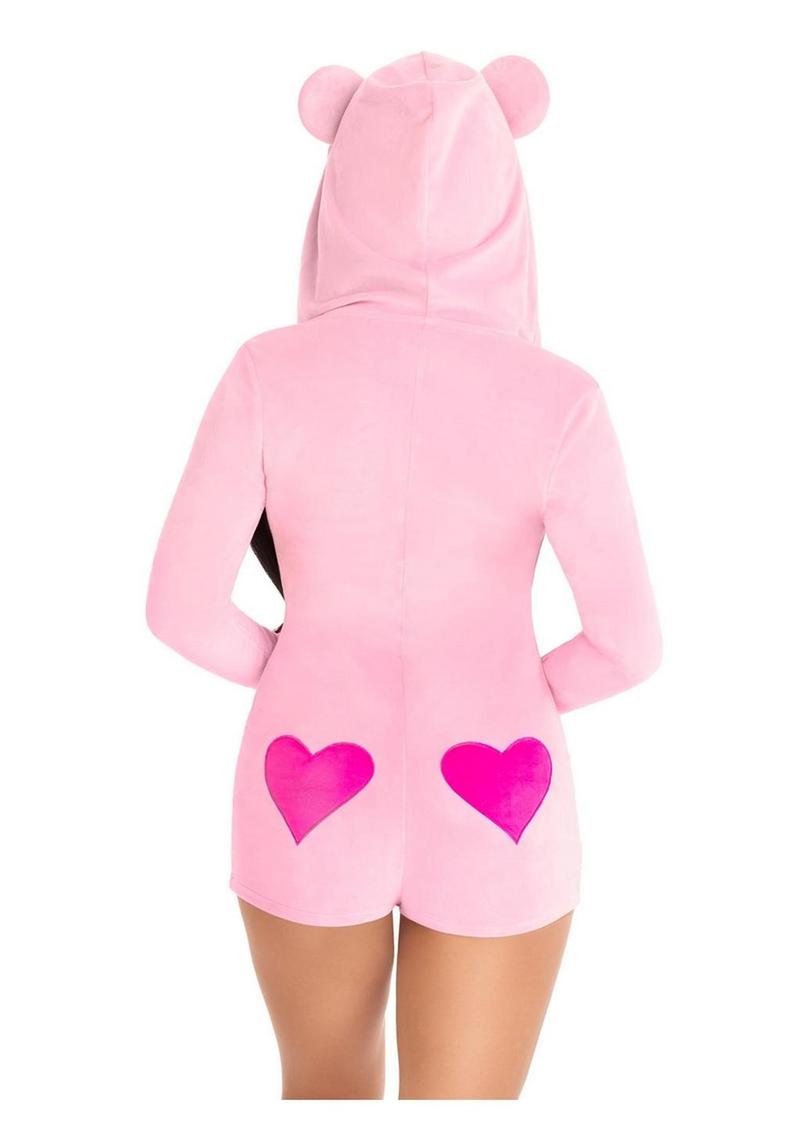 Leg Avenue Sweetheart Bear Velvet Zip Up Romper with Heart Accent - Pink - XSmall