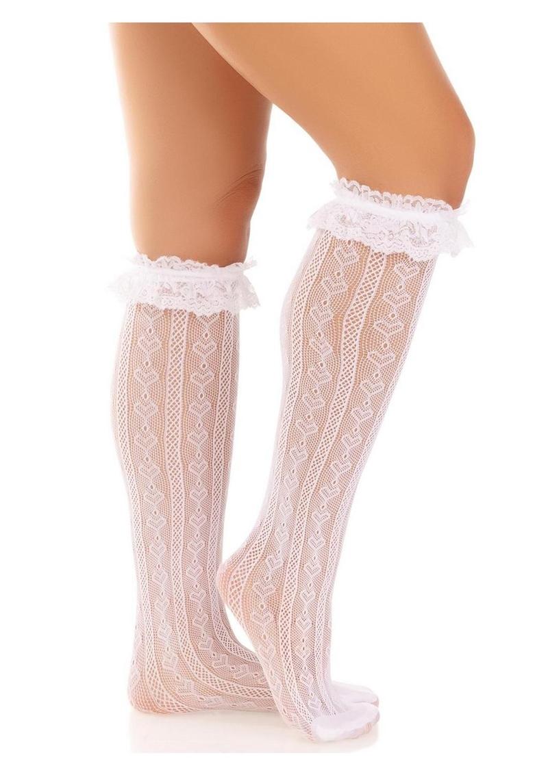 Leg Avenue Sweetheart Knit Knee Highs with Lace Ruffle Cuff - White - One Size