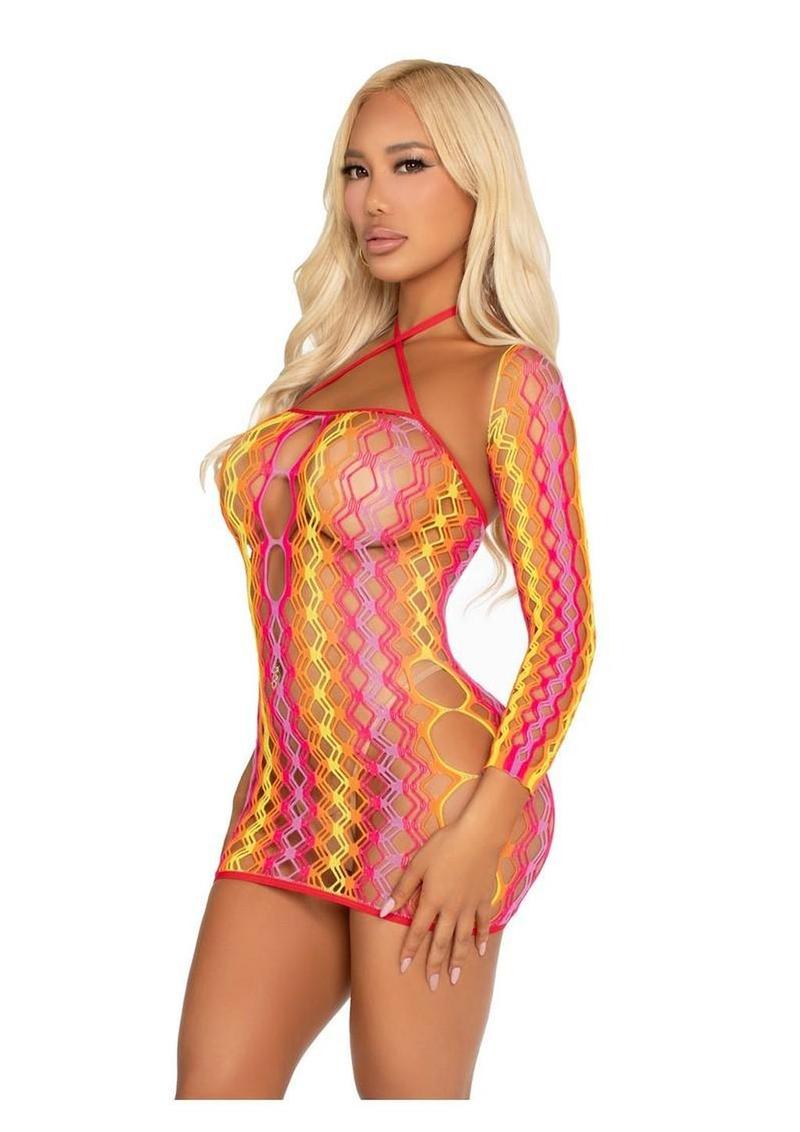 Leg Avenue Zig Zag Net Twist Halter Mini Dress with Keyhole Detail and Shrug - Multicolor - One Size - 2 Piece