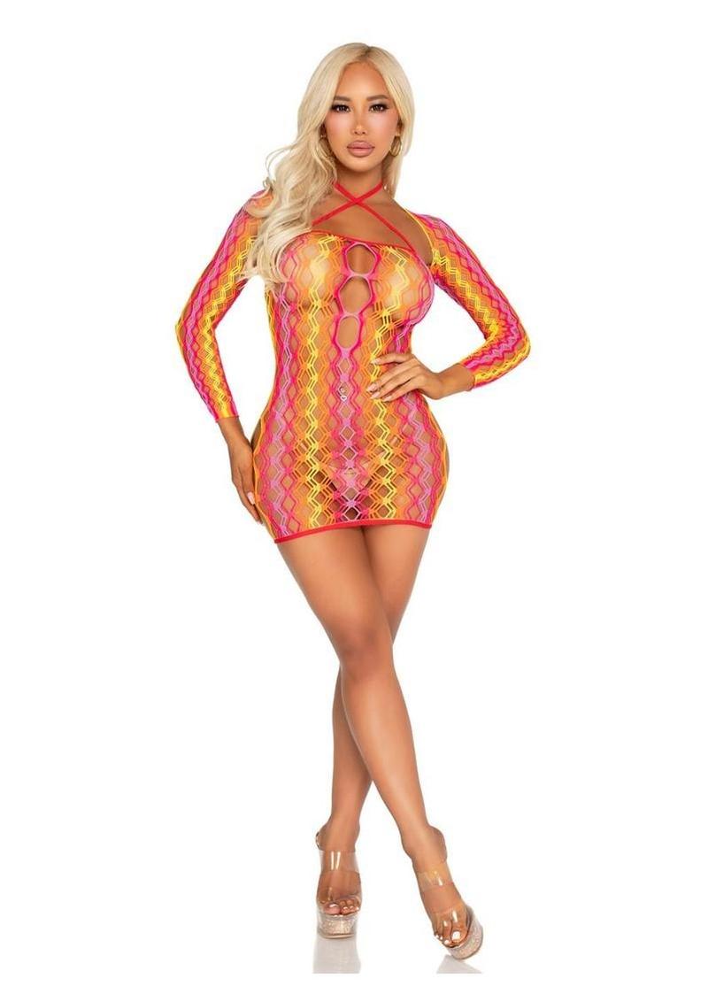 Leg Avenue Zig Zag Net Twist Halter Mini Dress with Keyhole Detail and Shrug