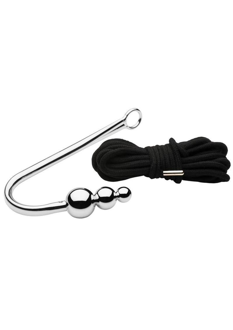 Master Series Roped Beaded Anal Hook with Rope - Black/Silver