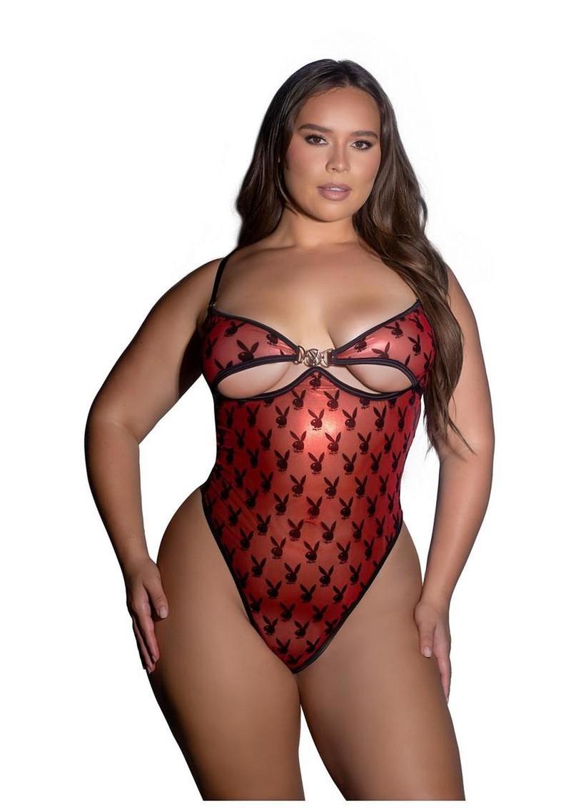 Playboy Shimmer Bunny Teddy - 1xlarge - Black/Red - XXLarge
