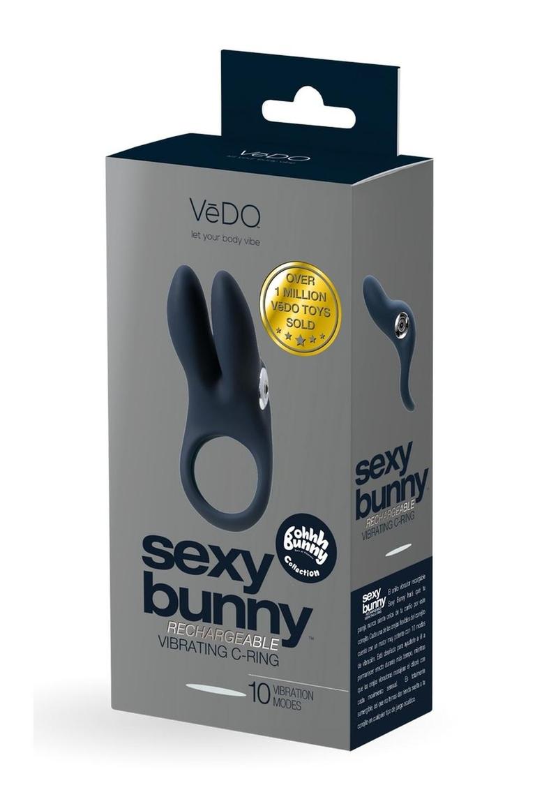 Vedo Sexy Bunny Rechargeable Silicone Couples Cock Ring - Black Pearl - Black