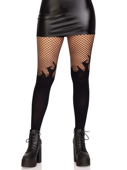 Opaque Flame Tights With Fishnet Top - One Size -  Black LA-9729BLKOS