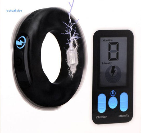 E-Stim and Vibrating Silicone Cock Ring 45mm With  Remote Control - Black ZE-AG932